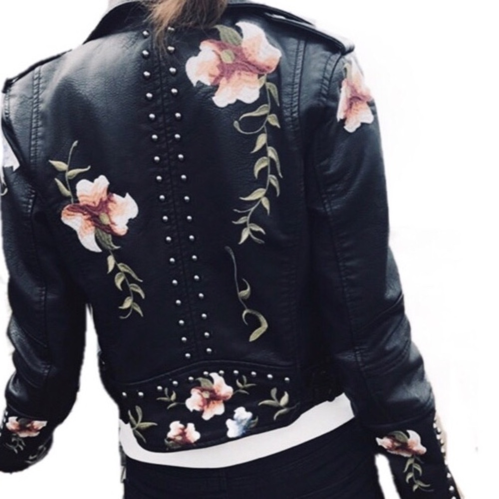 Vegan Leather Embroidered Moto Jacket